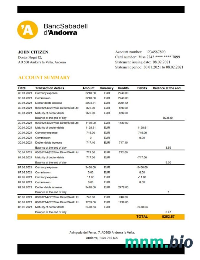 Szablon wyciągu bankowego Andorra BancSabadell d ' Andorra w programie Word i PDF